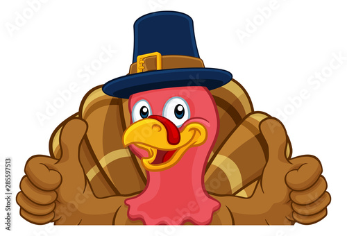 Pilgrim Turkey Thanksgiving bird animal cartoon character wearing a pilgrims hat. Peeking over a background sign and giving a thumbs up