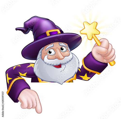 A wizard merlin magician Halloween cartoon character peeping over a sign pointing