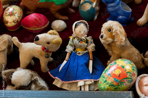 group of vintage dolls and ancient plush animals photo