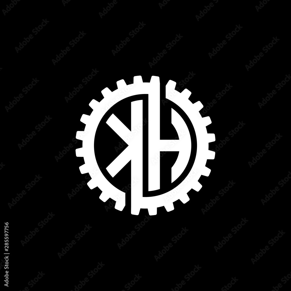 Initial letter K and H, KH, interlock cogwheel gear monogram logo, white color on black background Initial letter K and H, KH, interlock cogwheel gear monogram logo, white color on black background