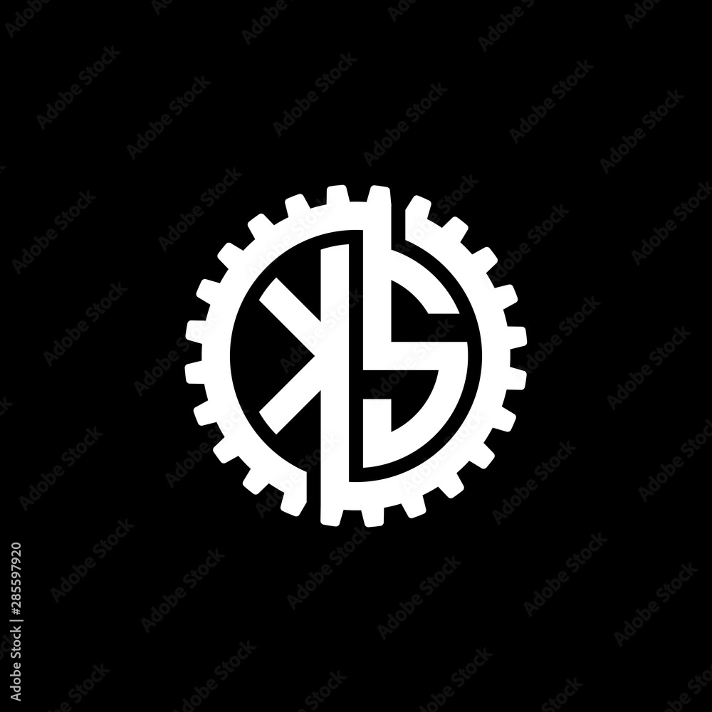 Initial letter K and S, KS, interlock cogwheel gear monogram logo, white color on black background Initial letter K and S, KS, interlock cogwheel gear monogram logo, white color on black background