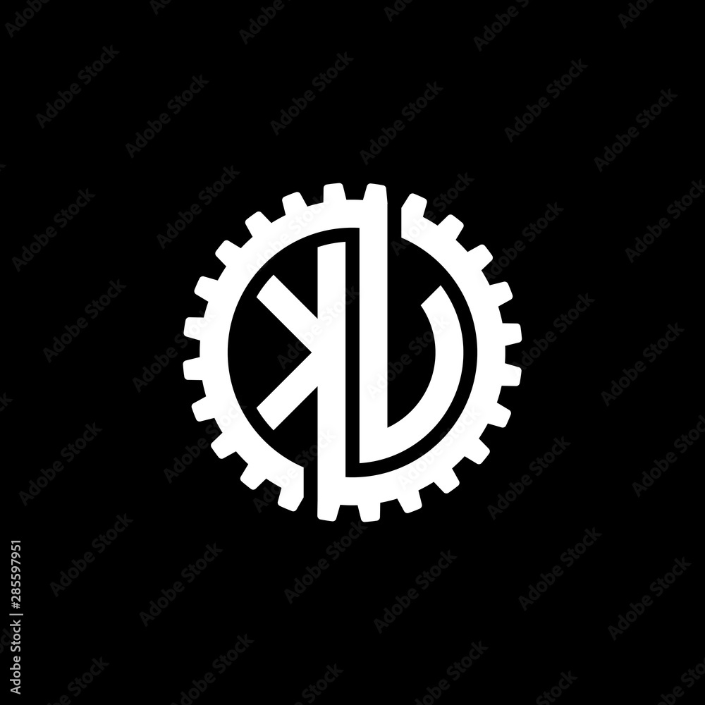 Initial letter K and U, K and V, KU, KV, interlock cogwheel gear monogram logo, white color on black background Initial letter K and U, K and V, KU, KV, interlock cogwheel gear monogram logo, white color on black background