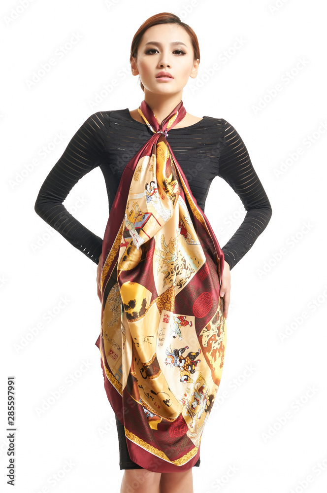 Chinese classical beauty draped in silk scarf shot portrait in white background Chinese classical beauty draped in silk scarf shot portrait in white background