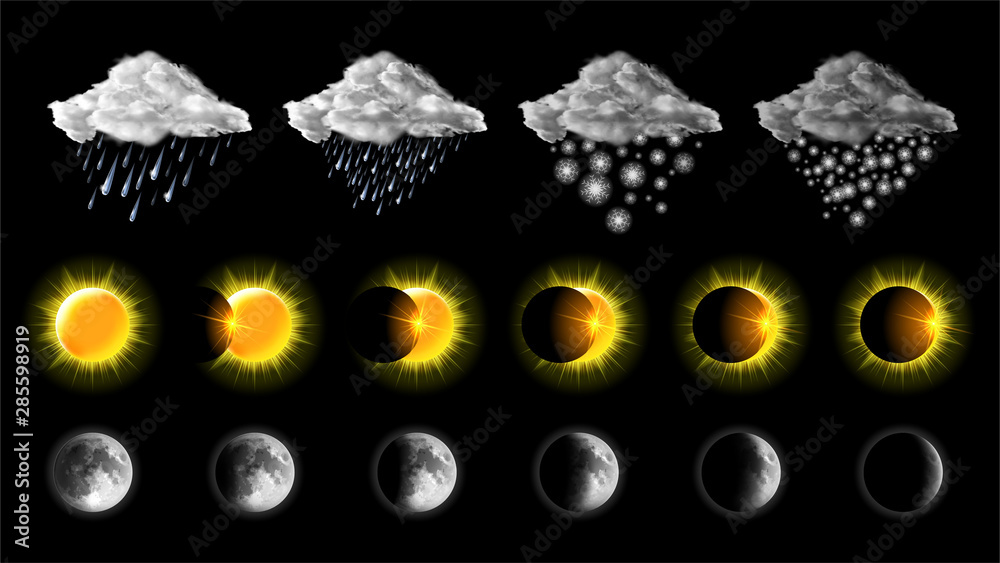 Weather meteo icons realistic set vector illustration. Elements for weather forecast, clouds with snow and rain, different phases or stages of solar and lunar eclipses isolated on black background - obrazy, fototapety, plakaty 