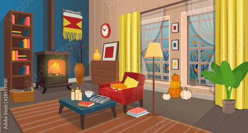 Cozy autumn living room with fireplace, armchair, table, windows, bookshelf,  lamp.Vector illustration in cartoon style.