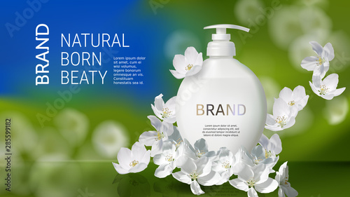 Cosmetic realistic vector poster with liquid soap packaging and white jasmine flowers. Skin care cosmetics, body lotion, hand washing gel or cleancer in white bottle with pump on a natural background