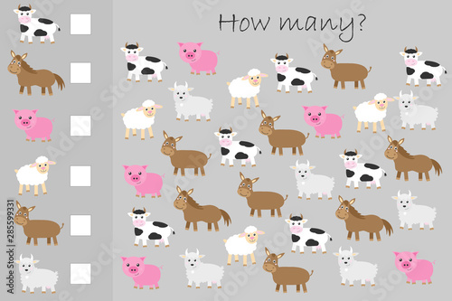 How many counting game,farm animals for kids, educational maths task for the development of logical thinking, preschool worksheet activity, count and write the result, vector illustration