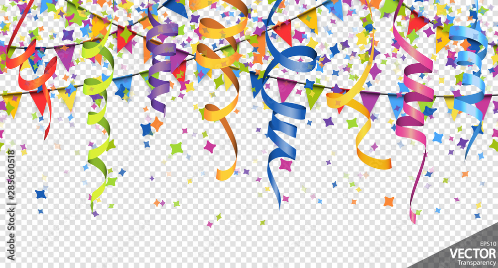 confetti, garlands and streamers party background - obrazy, fototapety, plakaty 