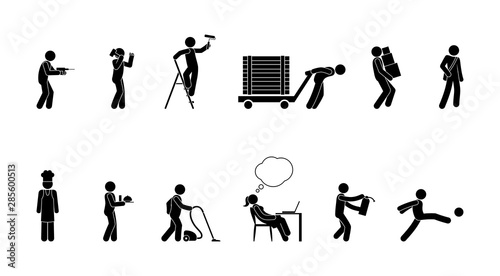 professional activity icon, pictogram of people of various professions at work, stick figure man, silhouettes set