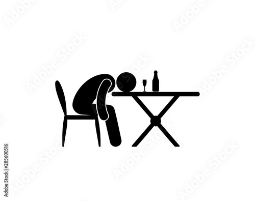 alcoholism illustration, man fell asleep sitting at a table with a bottle and a glass of wine, stick figure pictogram, human silhouette icon isolated