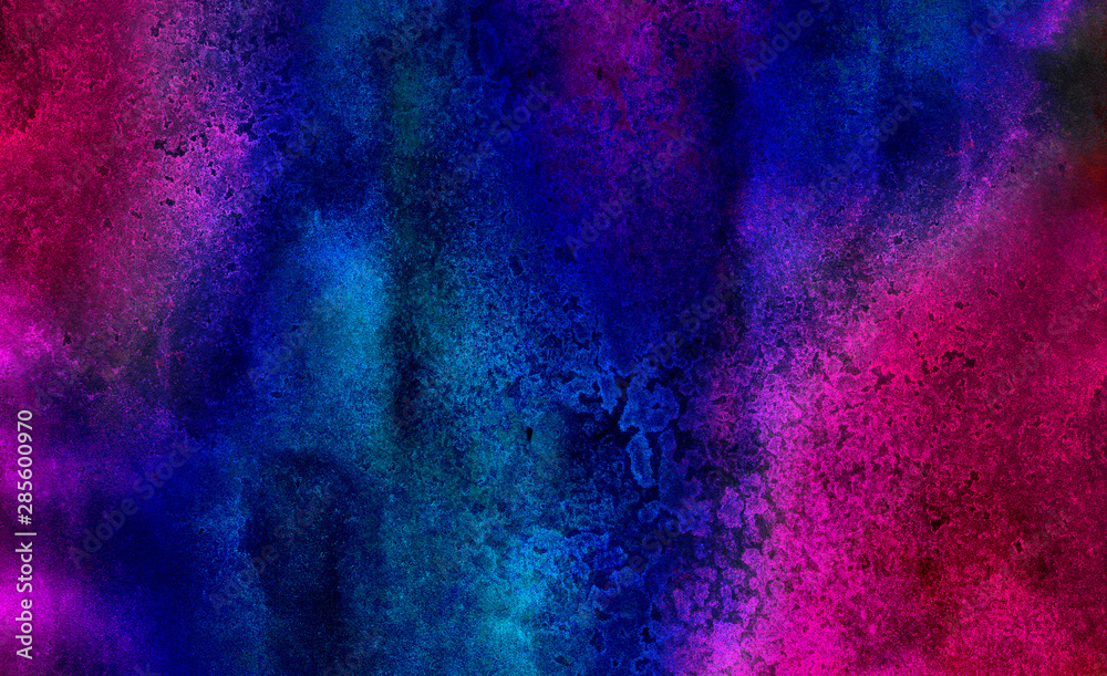 Neon watercolor on black paper background. Vivid ink textured blue, pink and purple color canvas for modern design. Aquarelle smeared abstract cosmic bright vintage dark watercolour illustration.