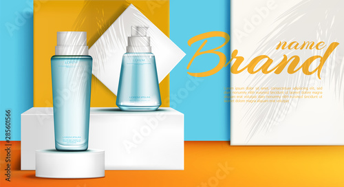 Cosmetic bottles on podium stage mock up banner of skin care cosmetics tubes, make up beauty product ad presentation with palm leaves shadows on showroom platform. Realistic 3d vector illustration