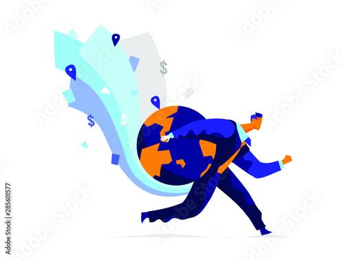 Business man carrying the planet Earth. Man conquering the world concept vector illustration. Simple style isolated on white male character