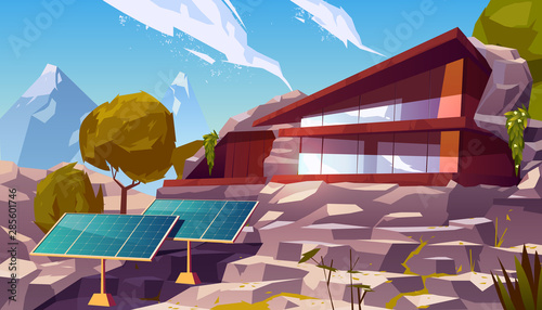 Organic architecture house with solar panels. Eco friendly wooden dwelling building with huge windows situated on mountain nature landscape with trees around, green energy. Cartoon vector illustration