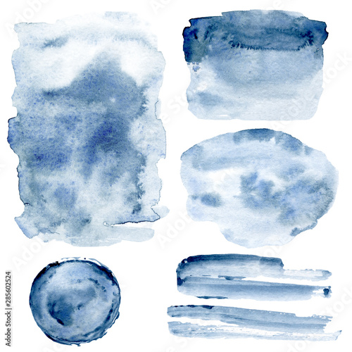 Set watercolor blue indigo splashes, stains, strokes, strips hand paint abstract background, backdrop. Illustrations isolated on white.