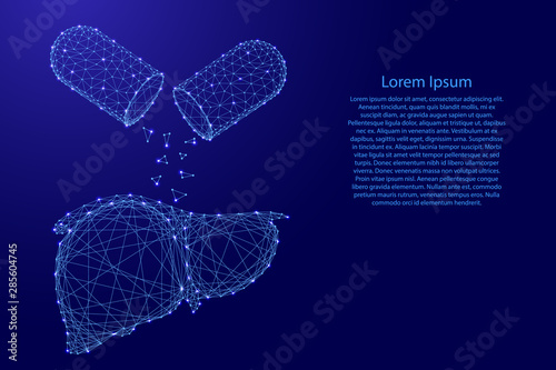 Liver is a human organ and substance from pill capsule from futuristic polygonal blue lines and glowing stars for banner, poster. Vector illustration. Medical recovery treatment concept.