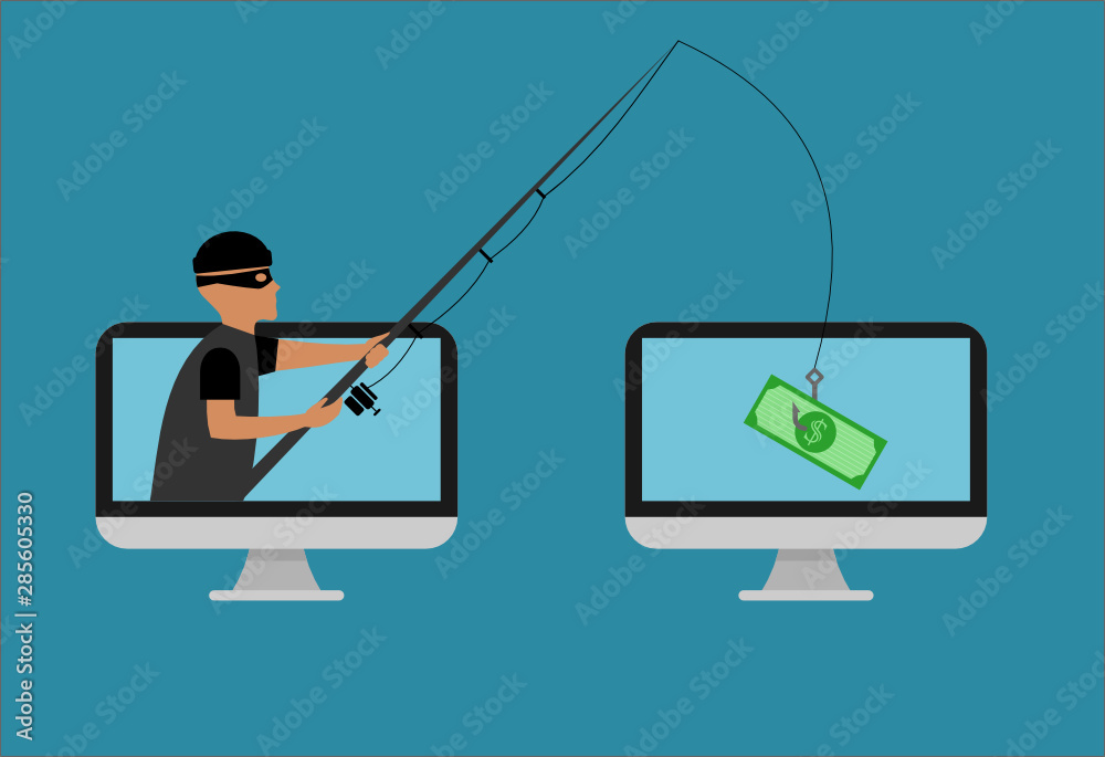 A thief is stealing money with fishing rod from the computer. Online fraud  concept. Phishing attack, fishing, hacker, web security, cyber thief,  electronic crime, scam. Vector illustration, flat style Stock Vector