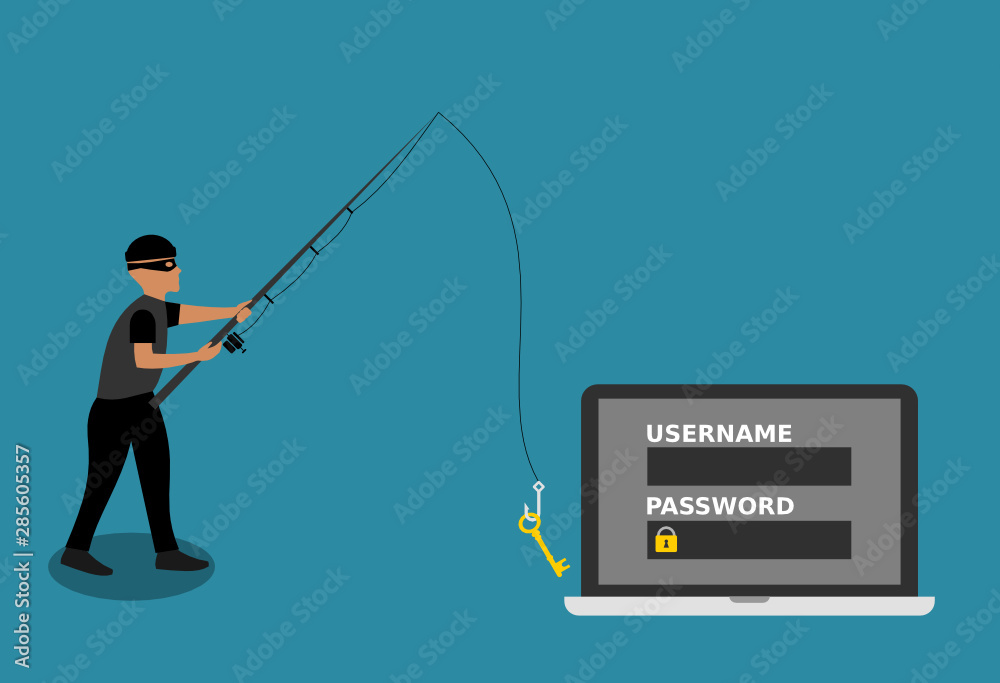 A cyber thief is stealing password with fishing rod from the laptop. Online  fraud concept.Phishing attack, fishing, hacker, web security, cyber thief,  electronic crime, scam. Vector illustration, flat Stock Vector