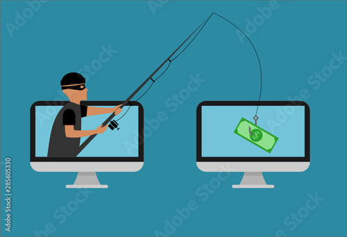 A thief is stealing money with fishing rod from the computer. Online