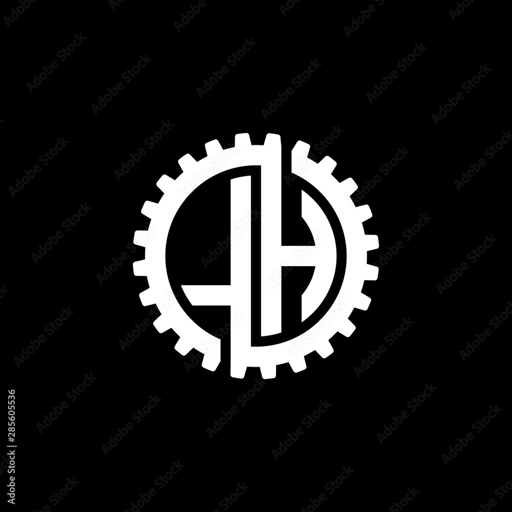 Initial letter L and H, LH, interlock cogwheel gear monogram logo, white color on black background Initial letter L and H, LH, interlock cogwheel gear monogram logo, white color on black background