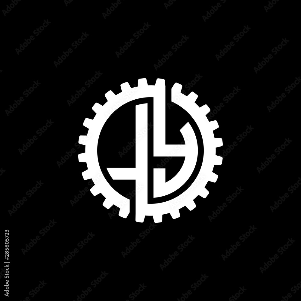 Initial letter L and Y, LY, interlock cogwheel gear monogram logo, white color on black background Initial letter L and Y, LY, interlock cogwheel gear monogram logo, white color on black background