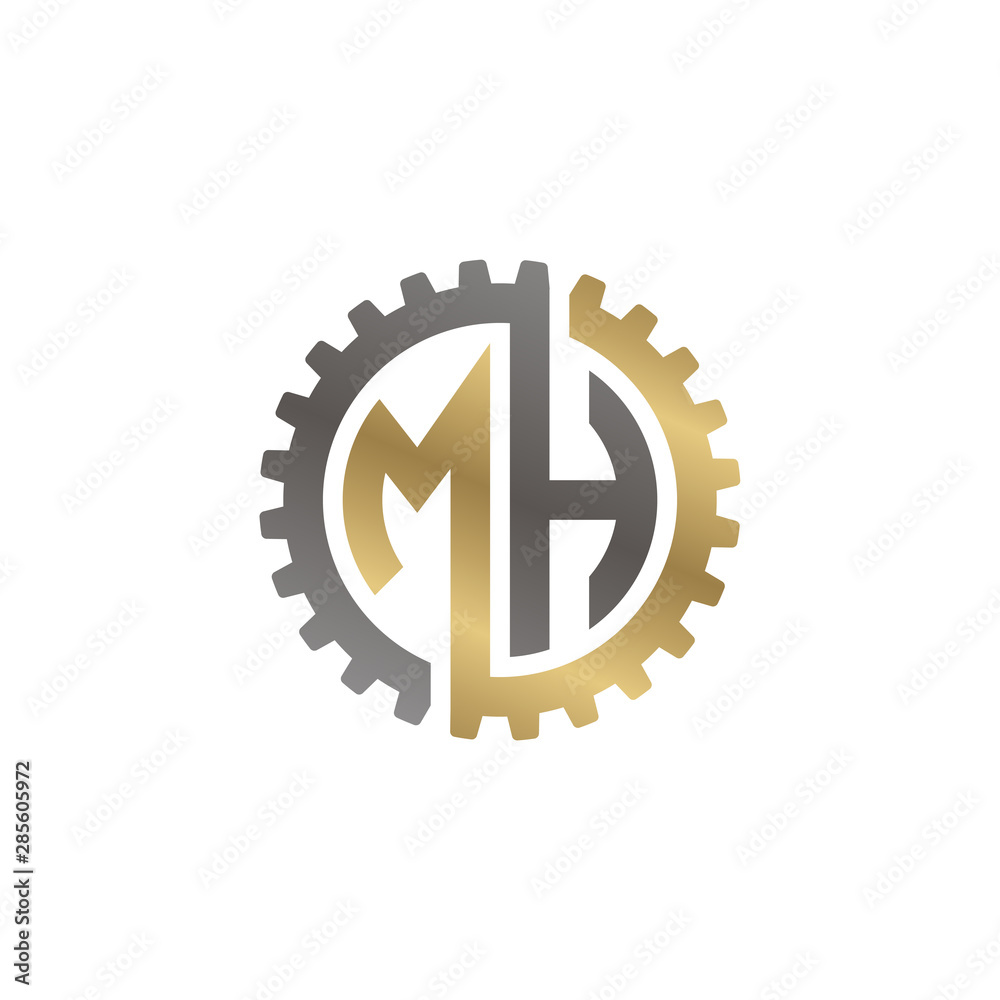 Initial letter M and H, MH, interlock cogwheel gear logo, black gold on white background Initial letter M and H, MH, interlock cogwheel gear logo, black gold on white background