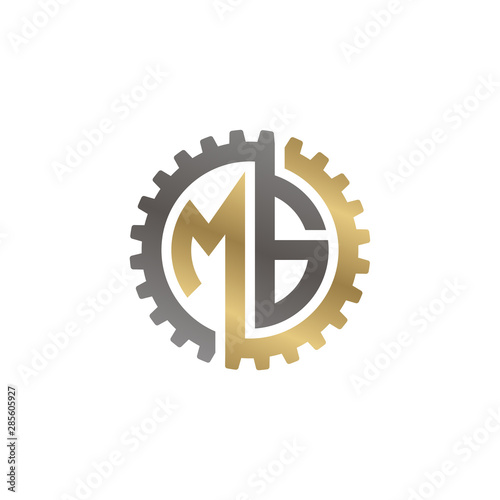 Initial letter M and G, MG, interlock cogwheel gear logo, black gold on white background