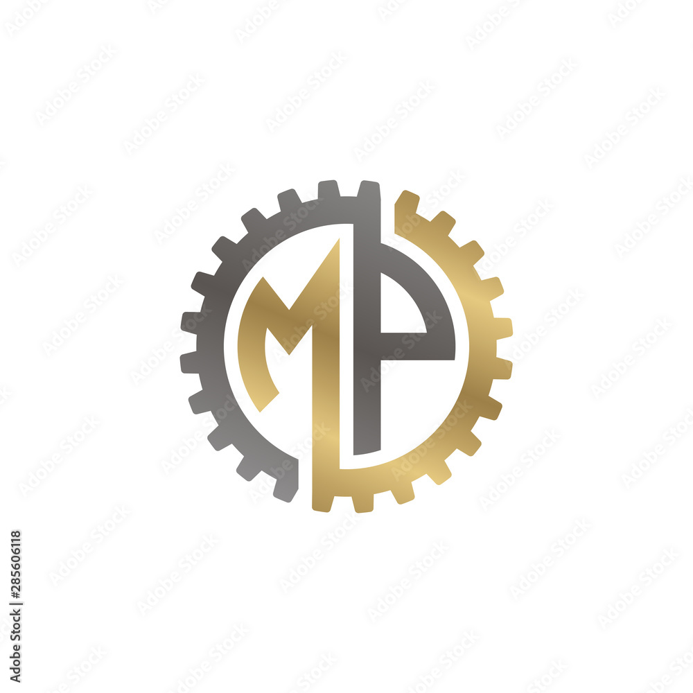 Initial letter M and P, MP, interlock cogwheel gear logo, black gold on white background