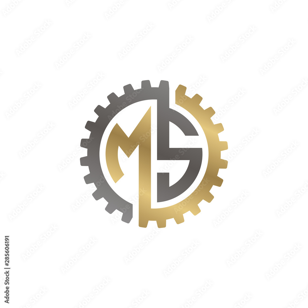 Initial letter M and S, MS, interlock cogwheel gear logo, black gold on white background Initial letter M and S, MS, interlock cogwheel gear logo, black gold on white background