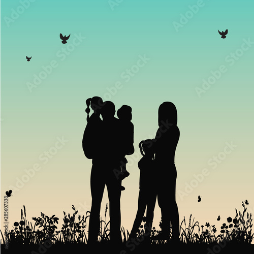 vector, isolated, silhouette family walk in nature