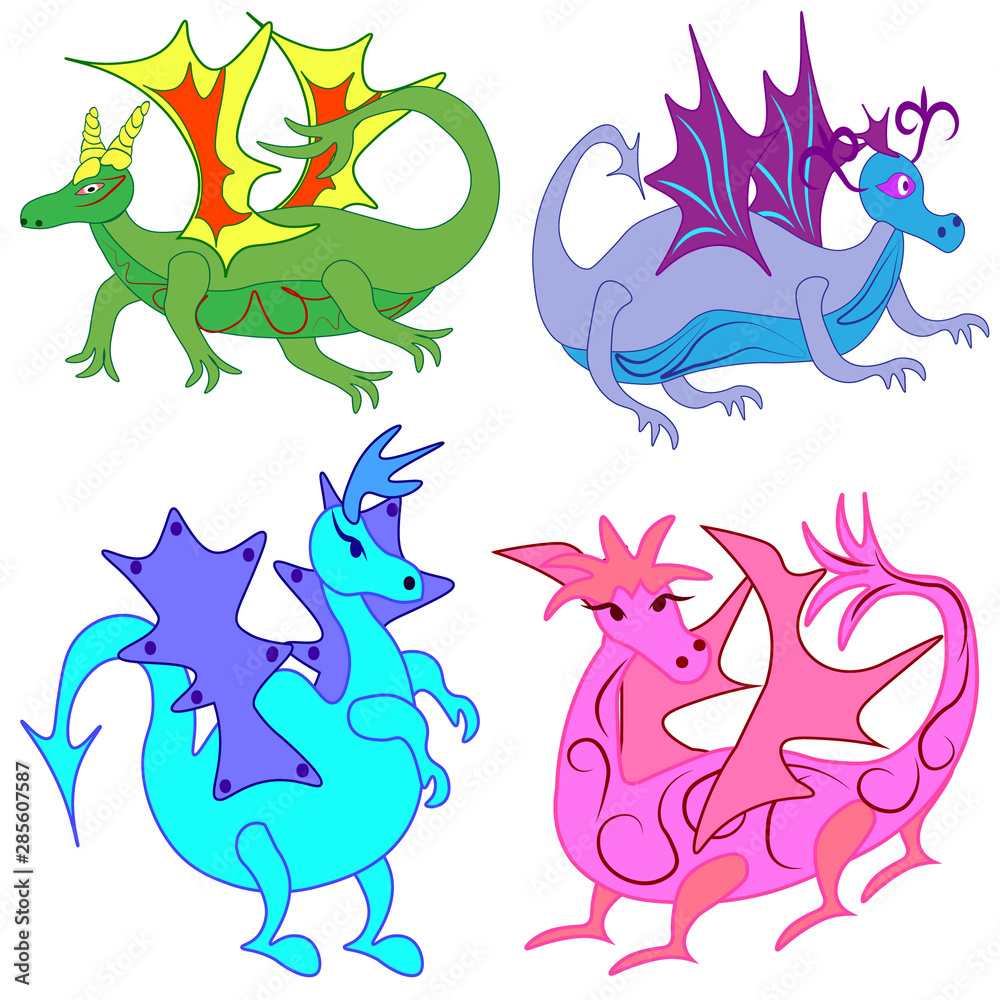 Fototapeta premium Set of colored fantasy cartoon funny dragons.