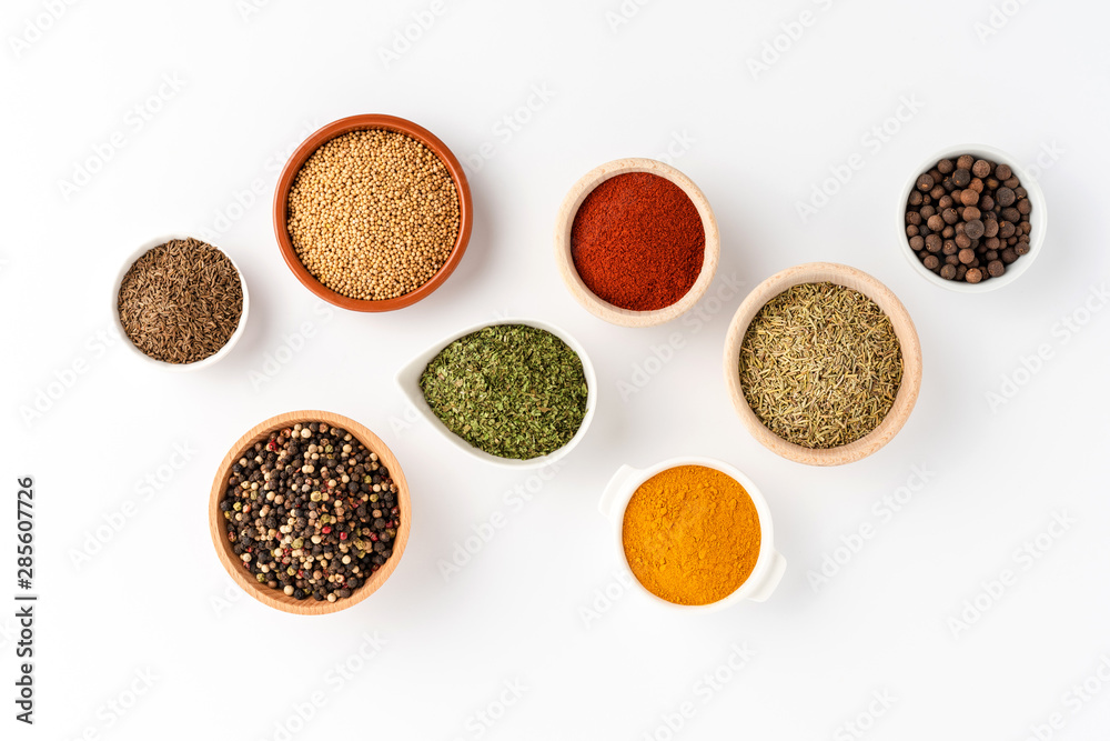 Collection of spices isolated on white background. Top view - obrazy, fototapety, plakaty 
