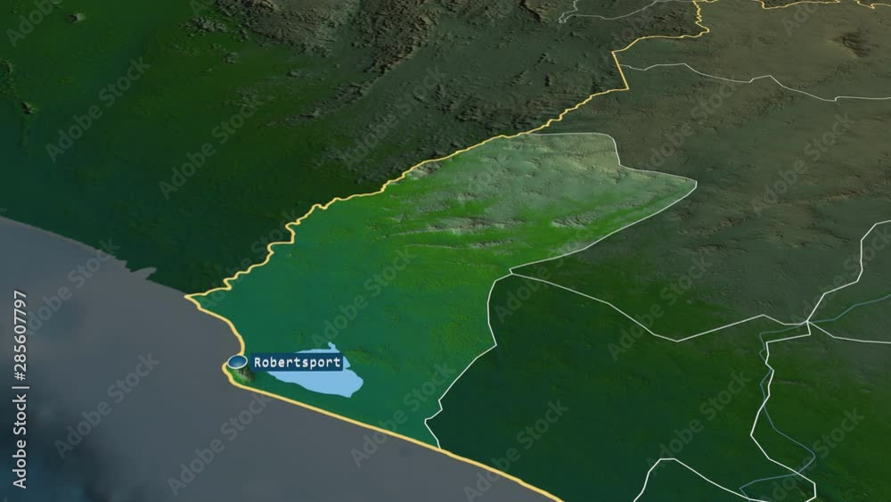 Grand Cape Mount - county of Liberia with its capital zoomed on the physical map of the globe. Animation 3D Grand Cape Mount - county of Liberia with its capital zoomed on the physical map of the globe. Animation 3D