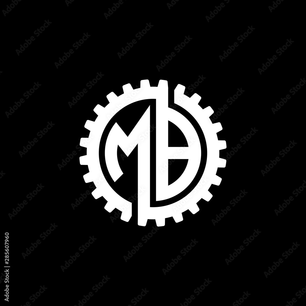 Initial letter M and B, MB, interlock cogwheel gear monogram logo, white color on black background Initial letter M and B, MB, interlock cogwheel gear monogram logo, white color on black background