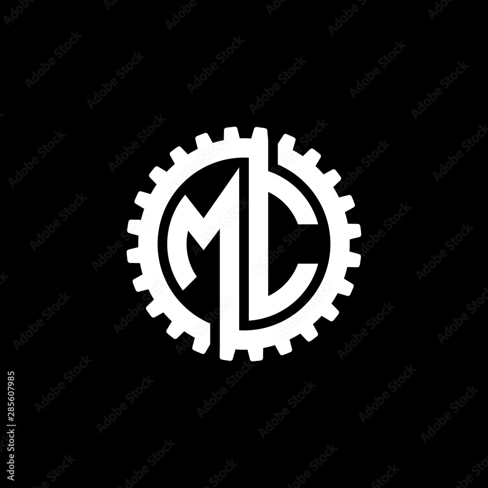 Initial letter M and C, MC, interlock cogwheel gear monogram logo, white color on black background Initial letter M and C, MC, interlock cogwheel gear monogram logo, white color on black background