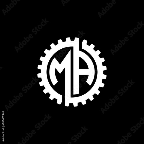 Initial letter M and A, MA, interlock cogwheel gear monogram logo, white color on black background