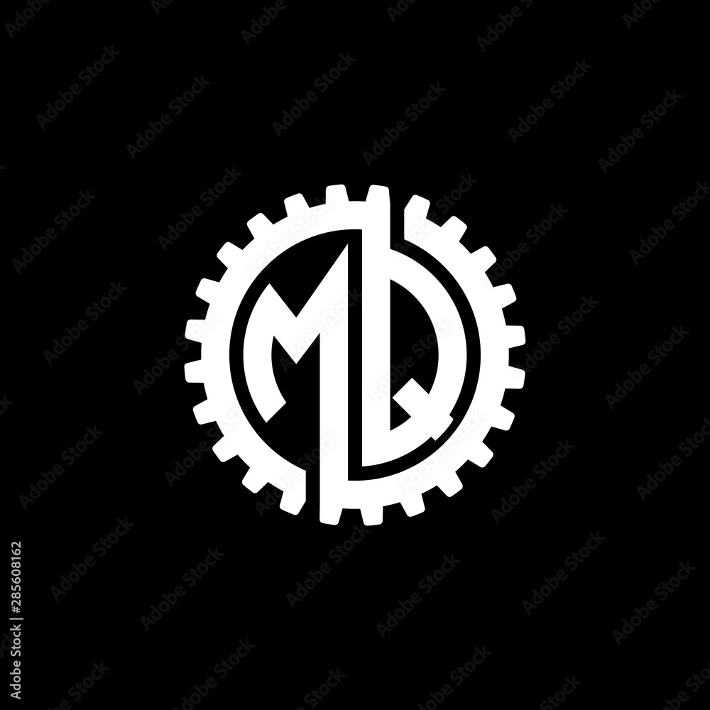 Initial letter M and Q, MQ, interlock cogwheel gear monogram logo, white color on black background Initial letter M and Q, MQ, interlock cogwheel gear monogram logo, white color on black background