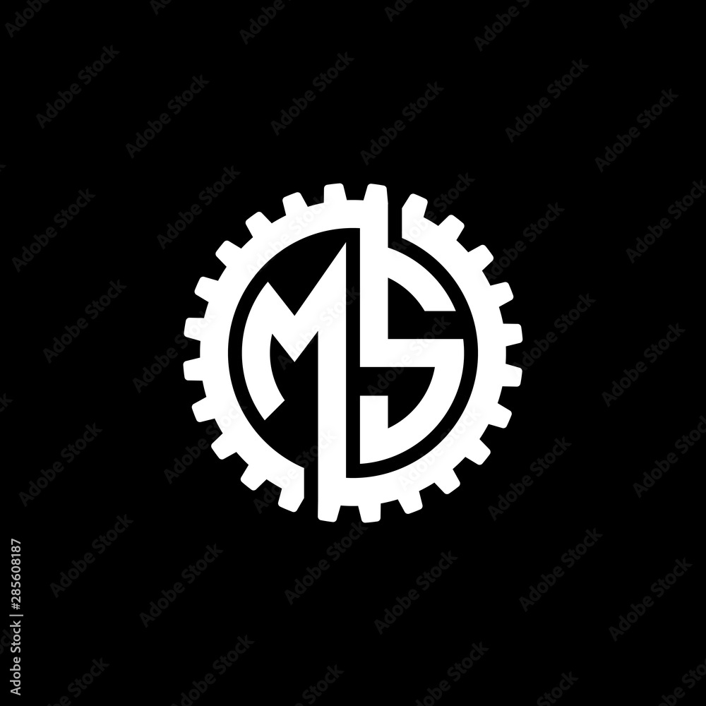 Initial letter M and S, MS, interlock cogwheel gear monogram logo, white color on black background Initial letter M and S, MS, interlock cogwheel gear monogram logo, white color on black background