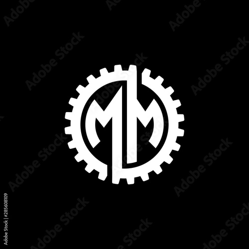 Initial letter M and M, MM, interlock cogwheel gear monogram logo, white color on black background