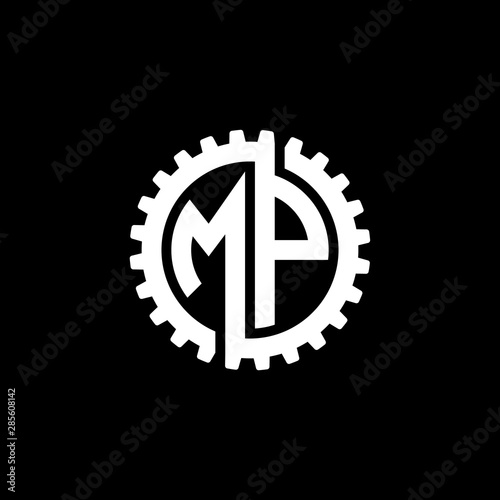 Initial letter M and P, MP, interlock cogwheel gear monogram logo, white color on black background