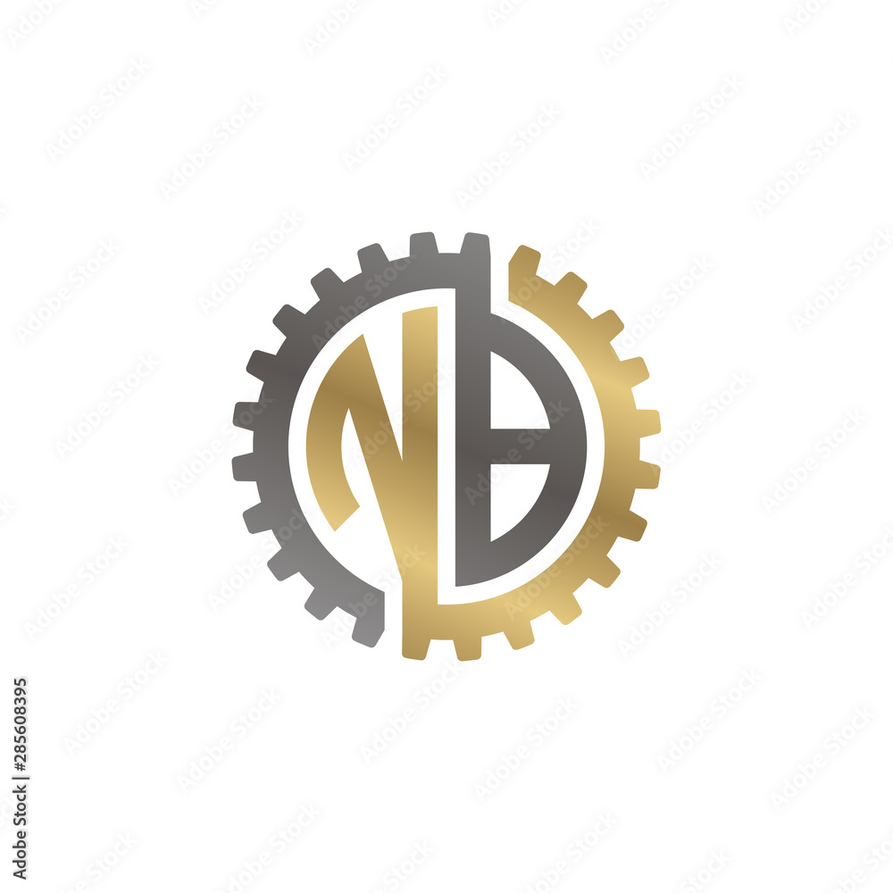 Initial letter N and B, NB, interlock cogwheel gear logo, black gold on white background Initial letter N and B, NB, interlock cogwheel gear logo, black gold on white background