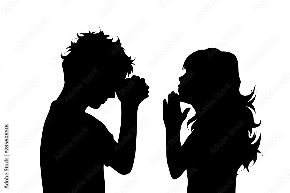 Vector silhouette of siblings who praying on white background. Symbol of faith, church, trust, belief, hopelessness,children, friends, sister, brother.
