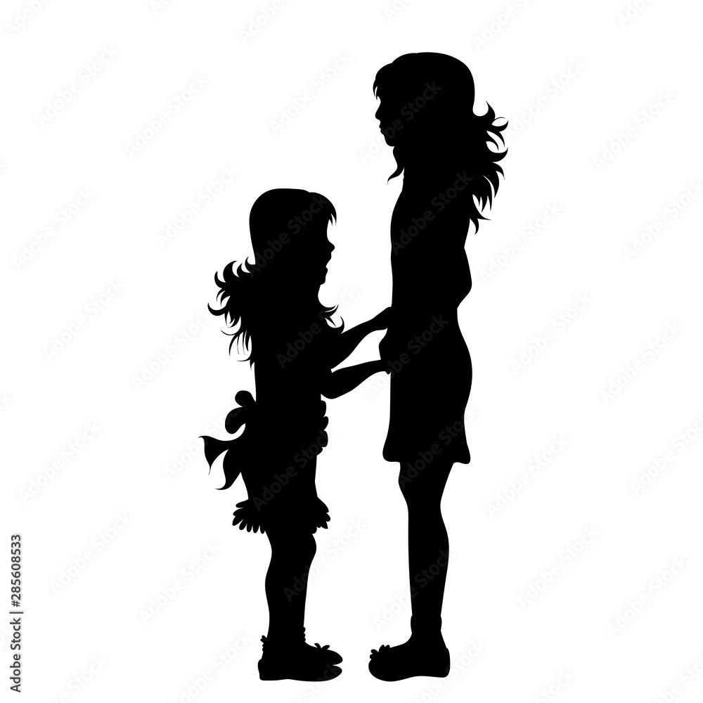Vector silhouette of children´s friends on white background. Symbol of child, girl,siblings,sister.