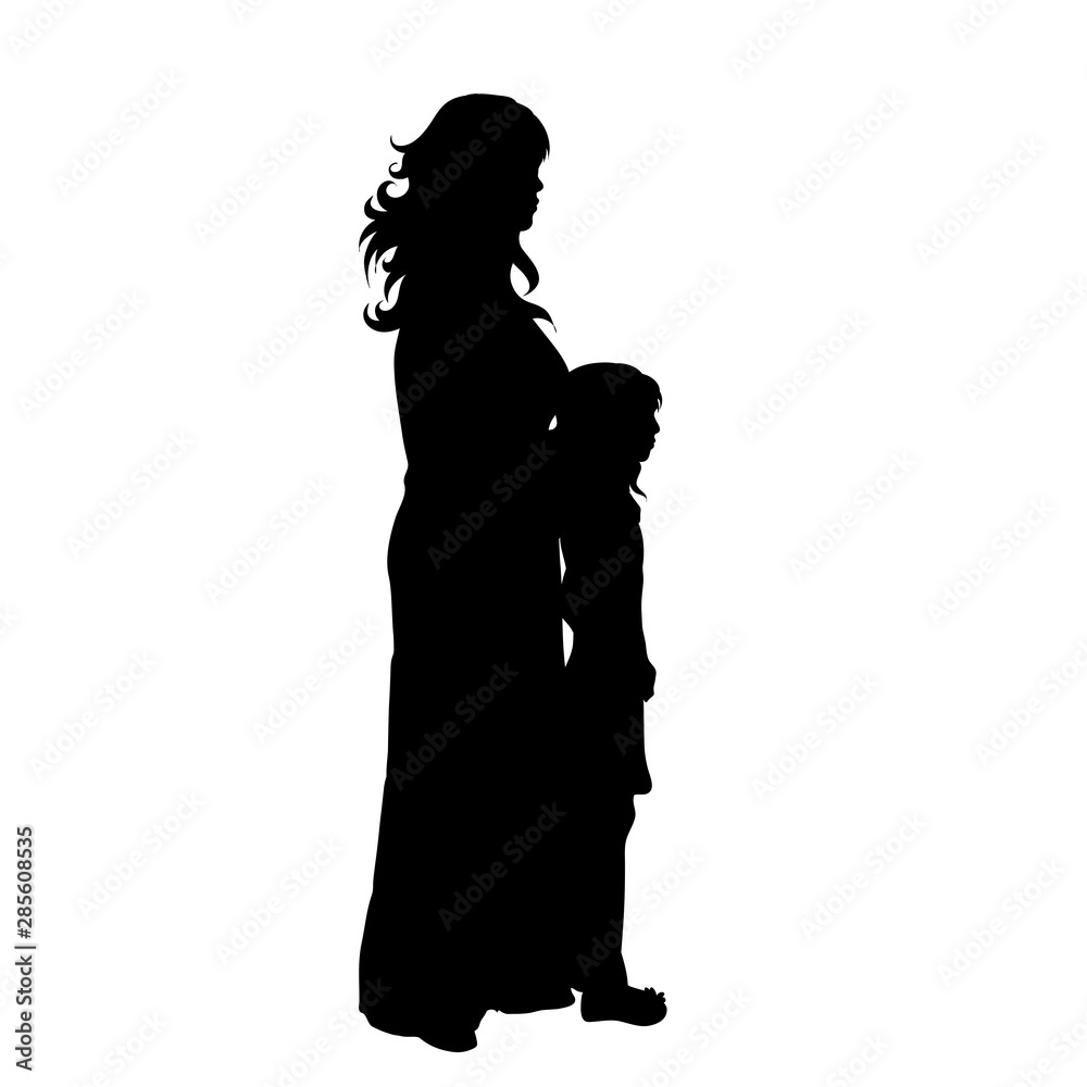 Vector silhouette of woman with her daughter on white background. Symbol of family, mother, daughter.