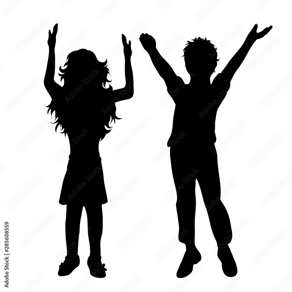 Vector silhouette of children´s friends on white background. Symbol of child, girl,siblings,sister,boy, brother,free, funny.