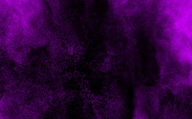 Deep dark violet neon lights watercolor on black background. Paper textured aquarelle canvas for creative design with scratches. Abstract cosmic purple ink texture water color paint illustration