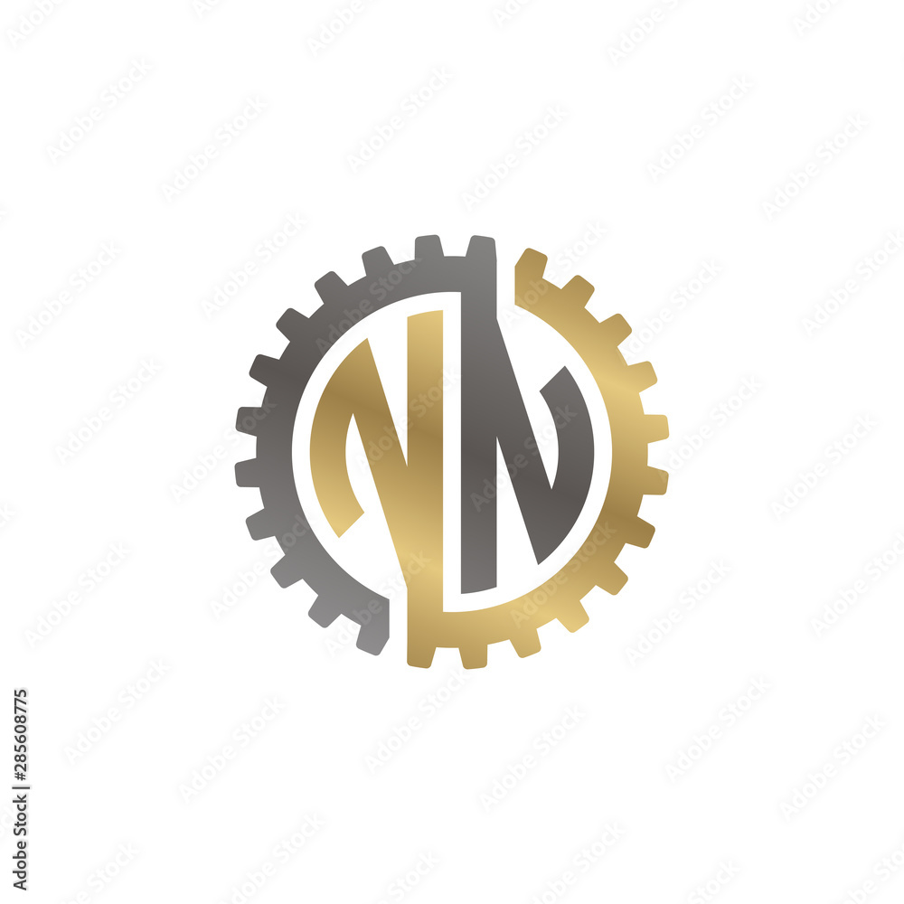 Initial letter N and N, NN, interlock cogwheel gear logo, black gold on white background Initial letter N and N, NN, interlock cogwheel gear logo, black gold on white background