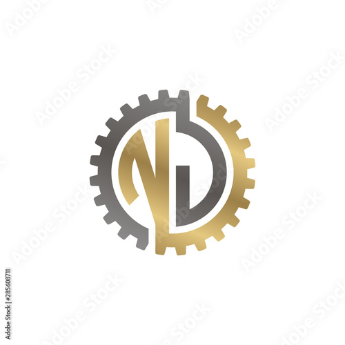 Initial letter N and J, NJ, interlock cogwheel gear logo, black gold on white background