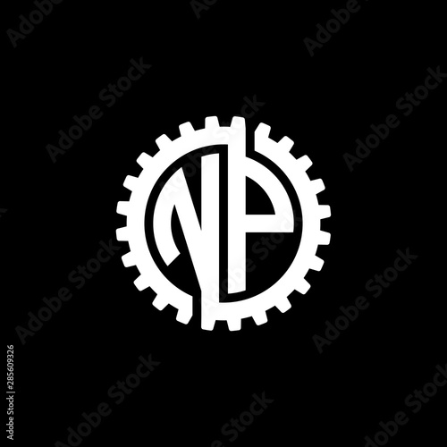 Initial letter N and P, NP, interlock cogwheel gear monogram logo, white color on black background