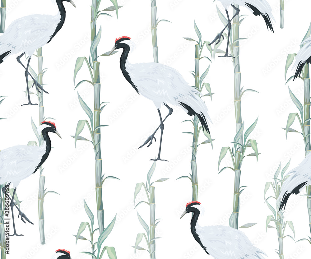 Fototapeta premium Seamless pattern with Chinese cranes and bamboo